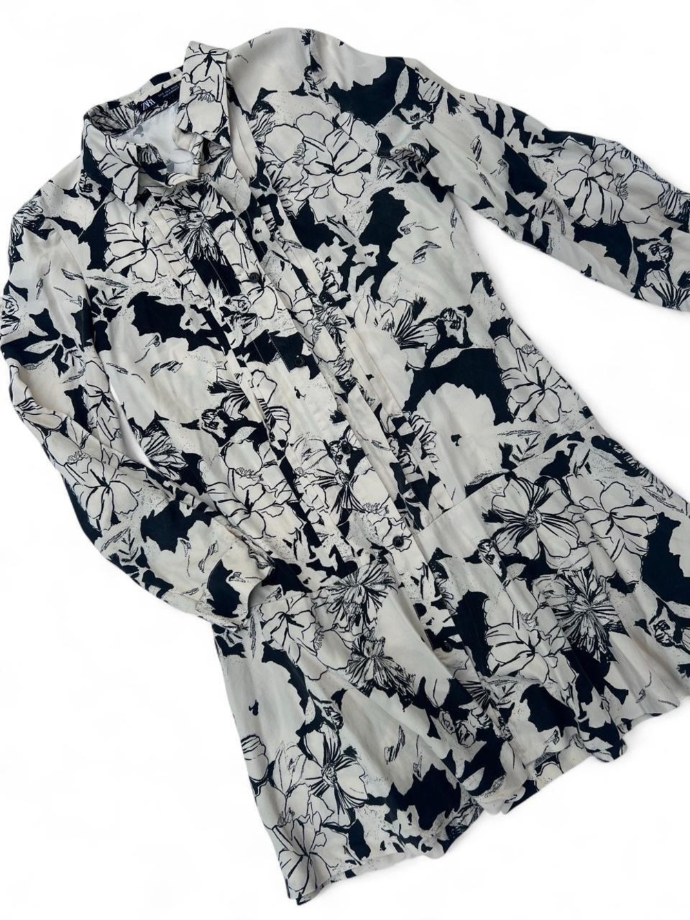 ZARA BUTTON UP MINI SHIRT DRESS FLORAL / abstract - tan + black - size small